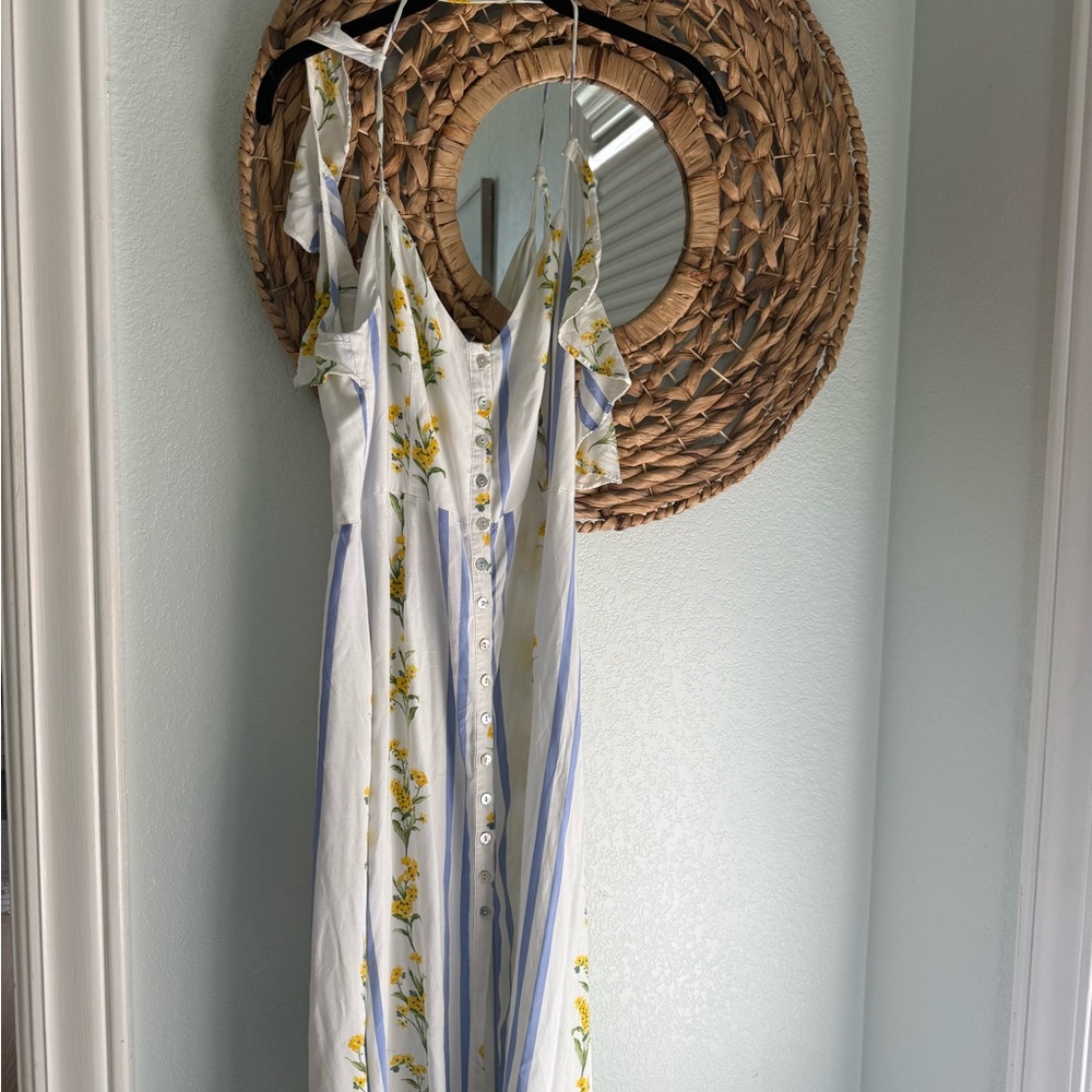 White Maxi Dress with Yellow Floral & Blue Stripe Accents